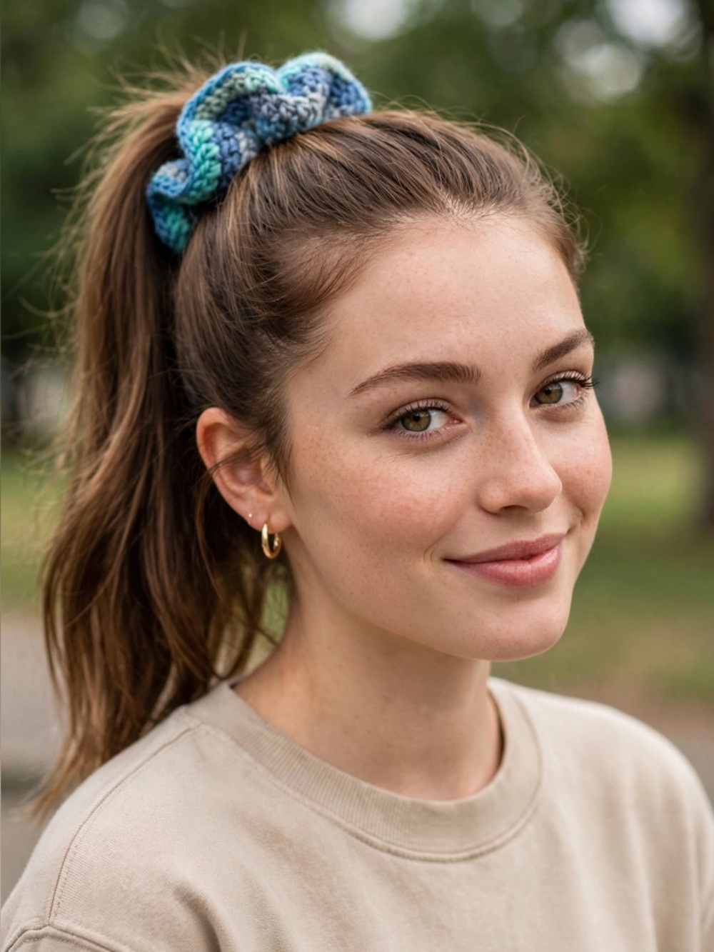 HAND CRAFTED Carissa Jumbo Striped Crochet Scrunchie NEW Teal Blue Navy Gray